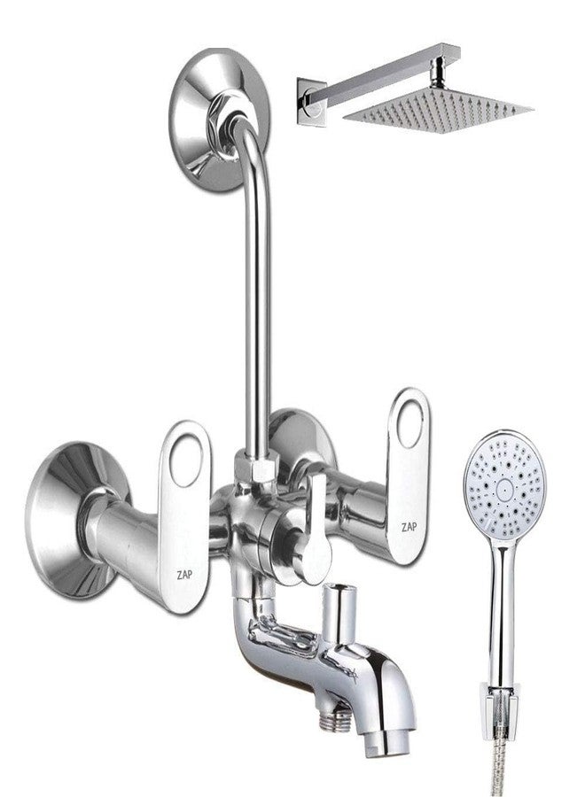 ZAP GEO305 GEO Series Full Brass 3-in-1 Wall Mixer with Shower Arm, Shower Head, Multi-Flow Hand Shower & 1.5m Tube - Chrome Finish - Image 1